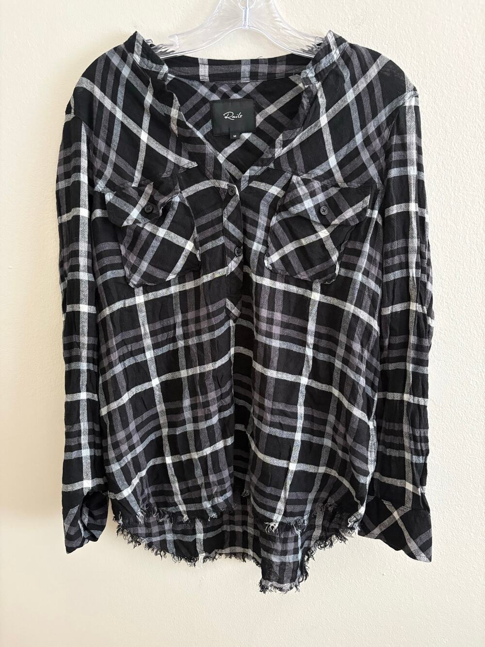 Rails Redding Plaid Shirt Frayed Hem Ink Black White Gray Popover Women's Size M